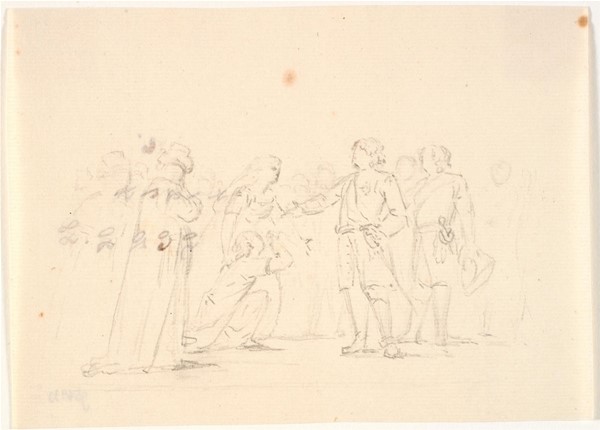 Scene med fem figurer og rids af andre i baggrunden