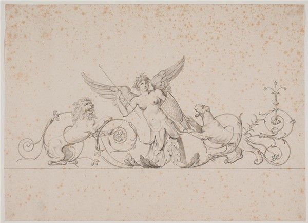 Vinget kvinde omgivet af en løve og en hund. Dekorationsudkast?