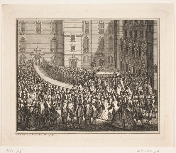 Kong Frederik V i procession til salvingshøjtidelighed i Frederiksborg Slotskirke. Illustration til Frederik d. IV's salvingsakt