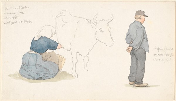 Studieblad med pige, der malker en ko, t.h. stående bonde.