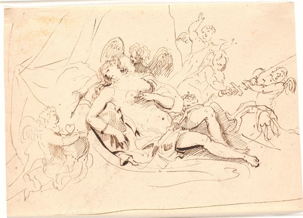 Hvilende Venusfigur, omgivet af seks putti, der leger med sværd, pil og hjerte