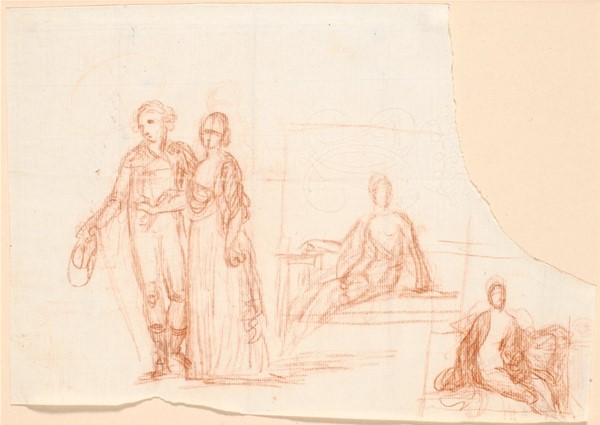 Kompositionsudkast til det Rybergske familiebillede; til højre udkast til en siddende kvindefigur