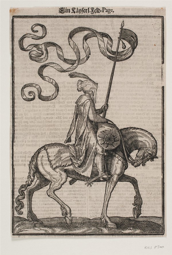 Bereden standartbærer, profil mod h.; standarten er to-fliget, rytteren ubevæbnet, på hesteryggen foran ham en pølseformet bagagesæk