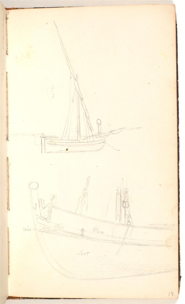 En både med skrå mast samt forstavnen af et skib