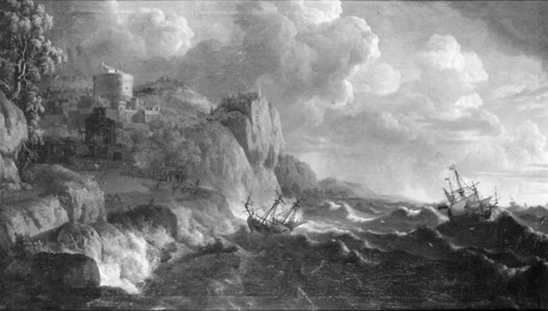 Klippekyst med oprørt sø og skibe i havsnød
