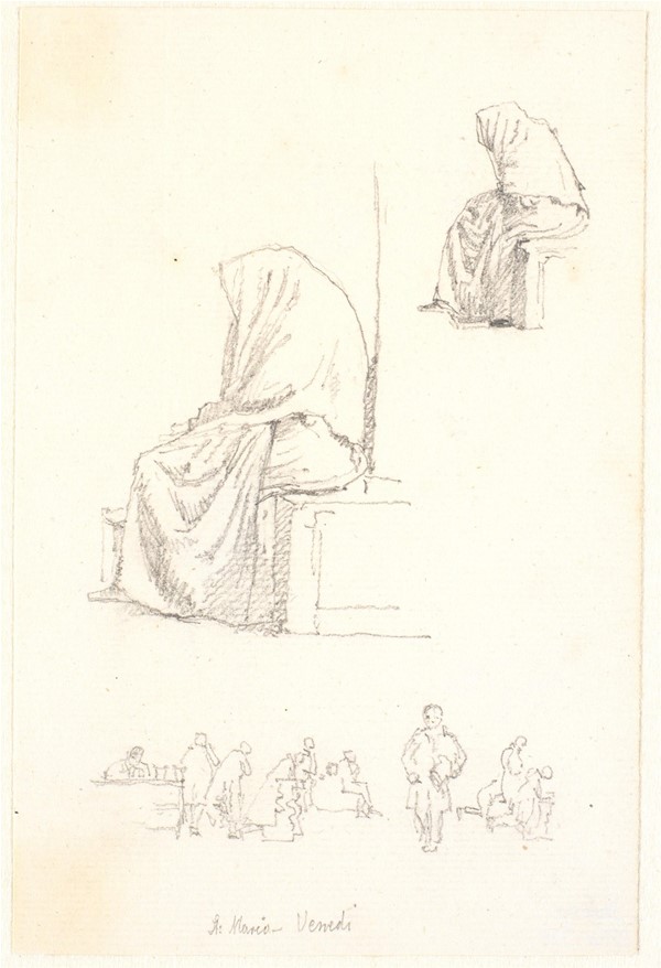 Skitseblad med studier af siddende gammel kone og bedende figurer