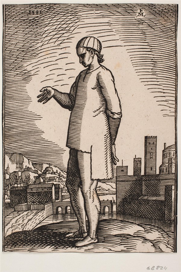 Kristen slave med fremstrakt hånd, i baggrunden to bydele forbundne med en bro