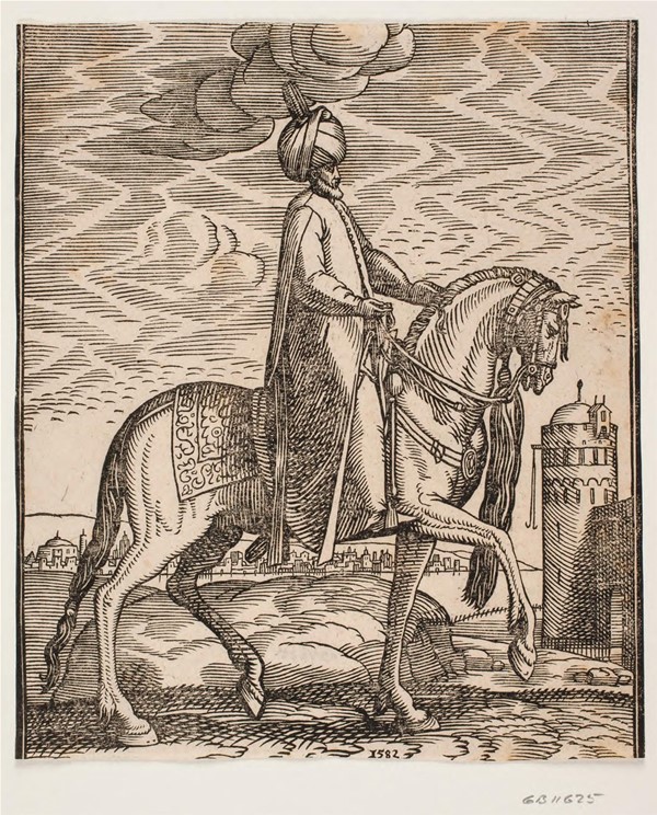 Rytter med turban; kølle hængende ved hestens højre side; profil t.h.; i baggrunden t.h. en mur med en port og et rundt tårn