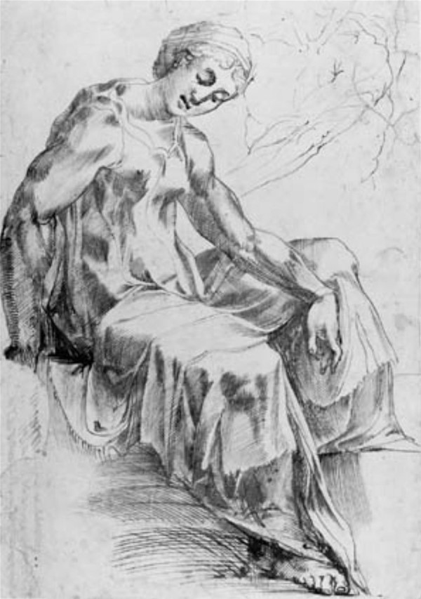 Siddende kvinde vendt mod højre, og en skitse af overkroppen af en nøgen mandsfigur