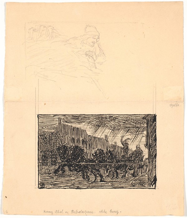 To illustrationsudkast til Sønderjyske Folkesagn, v. F.Ohrt. F.o. Hvor I mindst venter det og f.n. Kong Abel og rebslagerne