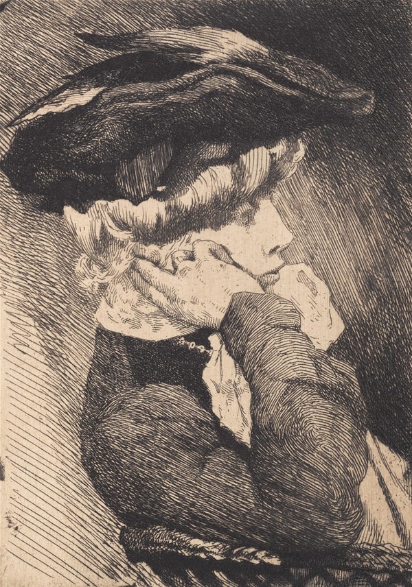 Brystbillede af en siddende ung dame med hat, skarp profil