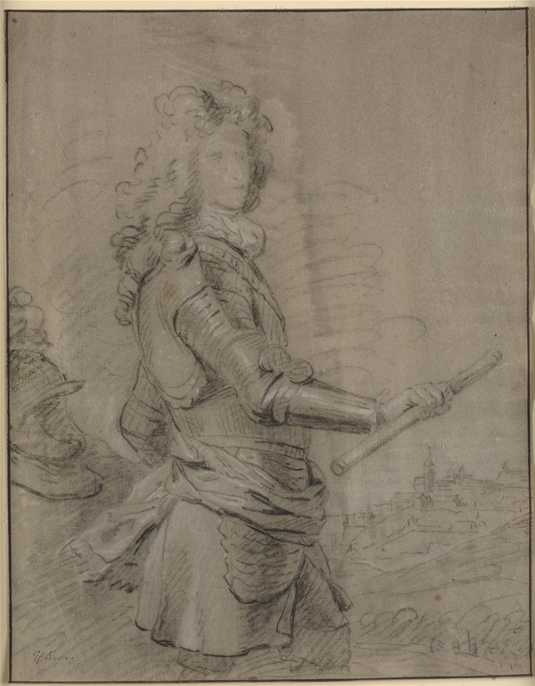 Portræt i knæfigur  af en hærfører i rustning og med stav i højre hånd. I baggrunden et landskab med en by