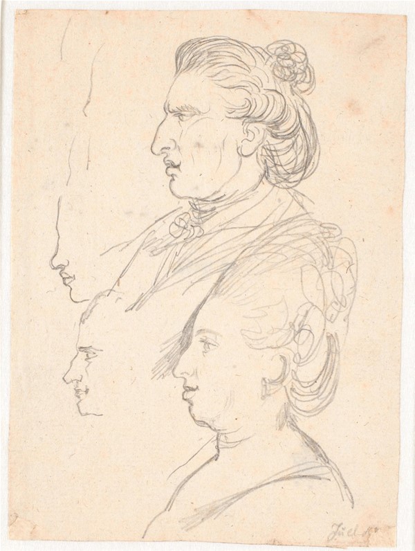 Profilportrætter af dronning Caroline Mathilde, J.F. Struensee og Enevold Brandt, samt et udkast, muligvis af Juel selv. Alle i profil mod venstre